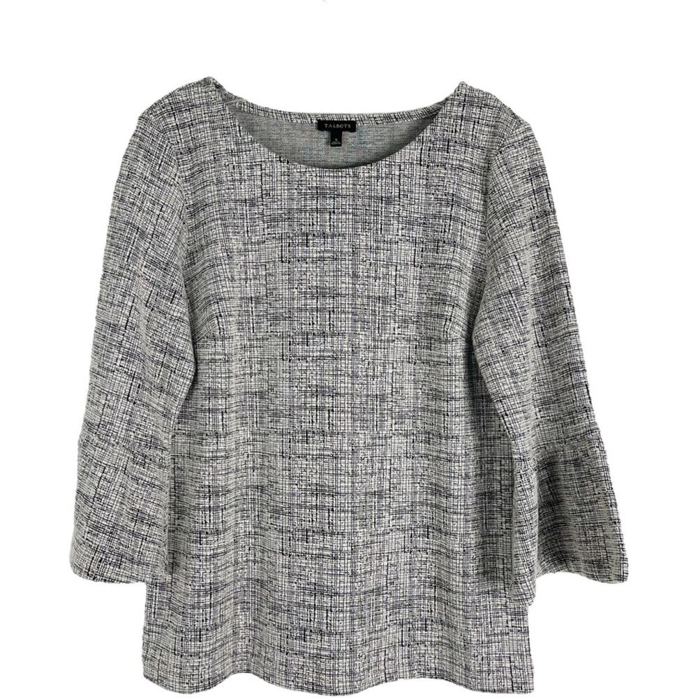 Talbots cream black stretchy knit bell sleeve preppy office top small